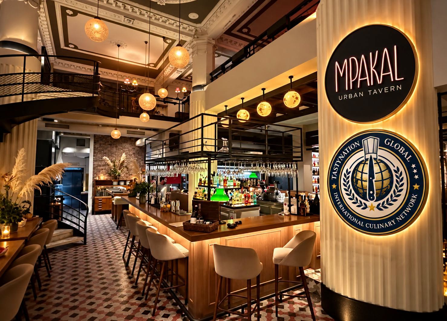 Mpakal Urban Tavern interior in Thessaloniki with the Mpakal and Tastynation Global emblems