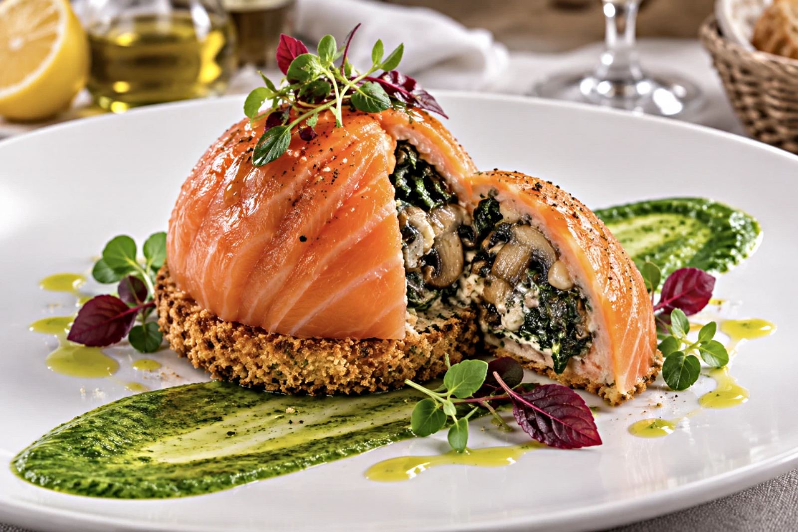 Salmon Dome with Spinach & Roasted Mushrooms