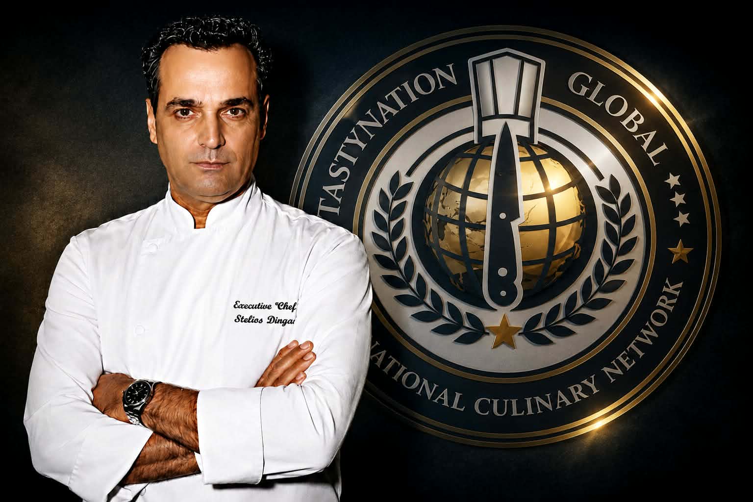 Executive Chef Stelios Digkas beside the Tastynation Global emblem